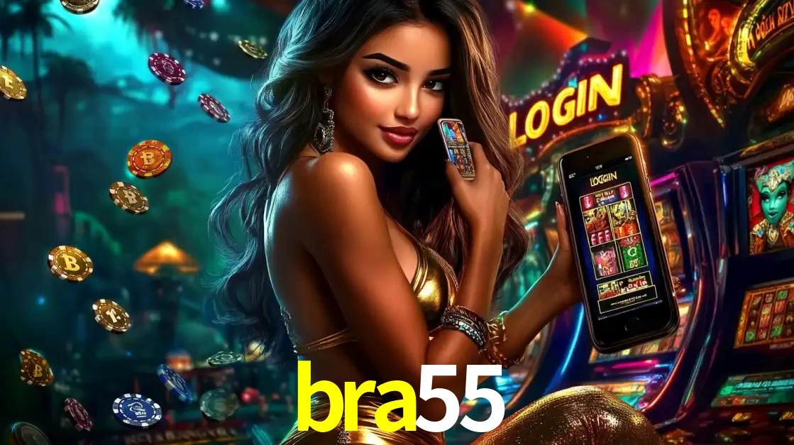 Mulher em um cenário de cassino temático de aventura, mostrando o app de caça-níqueis da bra55 no celular. Fichas de apostas flutuam ao redor.