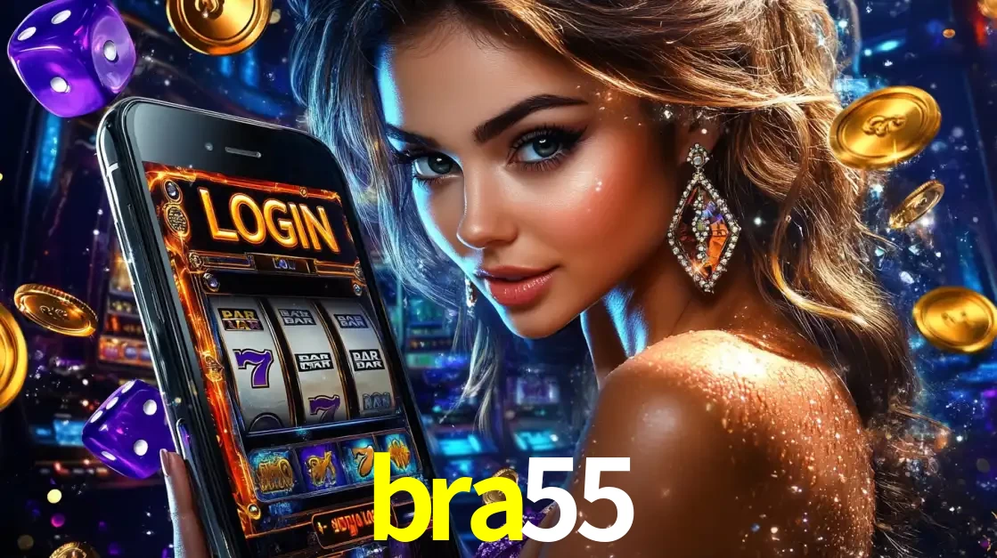 Mulher glamorosa segurando um smartphone com a tela de login para os jogos de caça-níqueis do cassino online bra55, com moedas de ouro e dados ao redor.