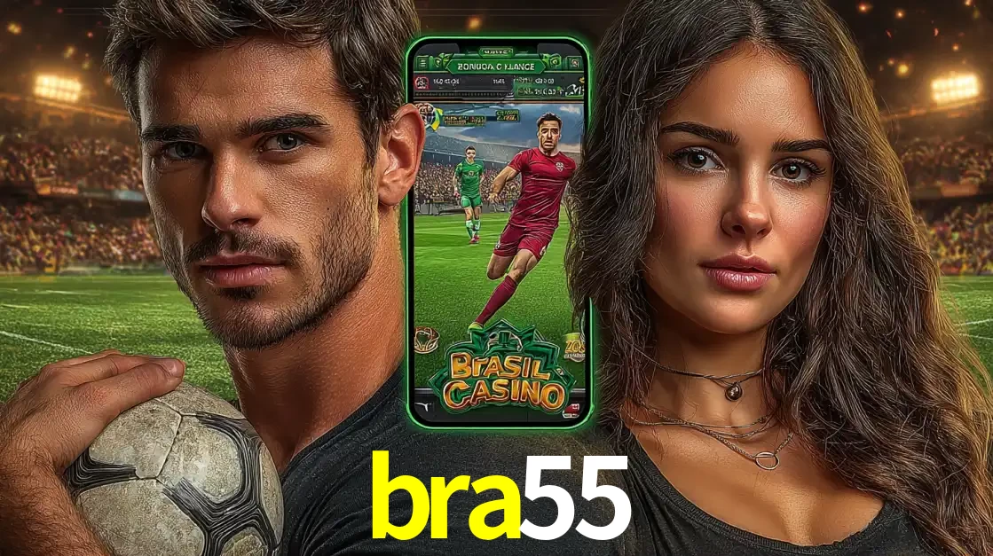 Homem segurando uma bola de futebol e uma mulher ao lado de um smartphone exibindo o jogo de apostas esportivas da bra55. Faça seu palpite no cassino online.